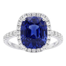 Afbeelding in Gallery-weergave laden, Dames Halo Ring met uit de aarde gewonnen Diamant en Kussen Geslepen Blauwe Saffier Verlovingsring 9.75 Karaat
