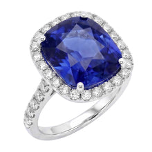 Afbeelding in Gallery-weergave laden, Dames Halo Ring met uit de aarde gewonnen Diamant en Kussen Geslepen Blauwe Saffier Verlovingsring 9.75 Karaat
