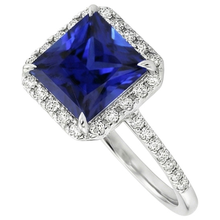 Afbeelding in Gallery-weergave laden, Dames Halo Ring Prinses Blauwe Saffier Met Pavé Natuurlijke uit de aarde gewonnen Diamanten 5.50 Karaat
