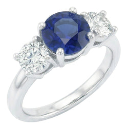Dames drie stenen ring ronde Ceylon saffier 2,50 karaat Natuurlijke echte diamant ( niet in het laboratorium gekweekt )en