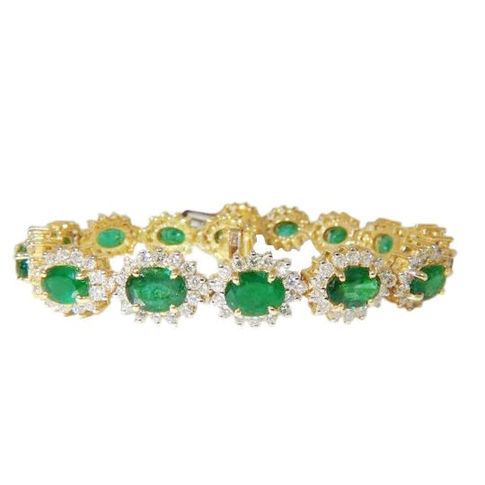 Dames ovaal geslepen groene smaragd en diamanten armband 16,25 karren geel goud 14K