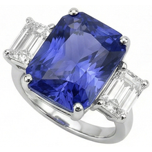 Afbeelding in Gallery-weergave laden, Dames Stralende Drie Stenen Blauwe Saffier Ring 7 Karaat Smaragd IGI GECERTIFICEERDE Diamanten
