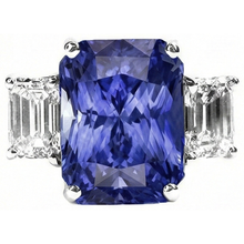 Afbeelding in Gallery-weergave laden, Dames Stralende Drie Stenen Blauwe Saffier Ring 7 Karaat Smaragd IGI GECERTIFICEERDE Diamanten
