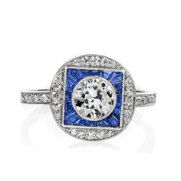 Dames Art Deco Sieraden Nieuwe Halo Ring Oude Mijnwerker Echt Diamant en Saffieren