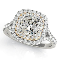 Dames Dubbele Halo Ring Kussen Oud Geslepen Echt Diamant 8 Karaat Tweekleurig