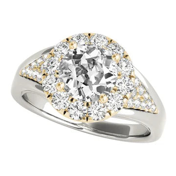 Dames Halo Oude Mijn Geslepen Echt Diamanten Verlovingsring Tweekleurig 14K 5 Karaat