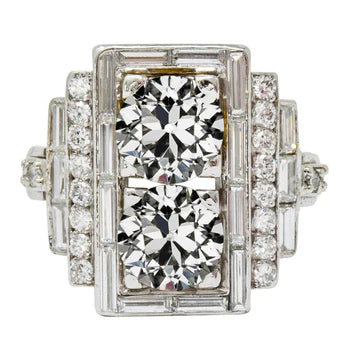 Dames Halo Ring Baguette & Round Old Mine Cut Echt Diamond 7,50 Karaat