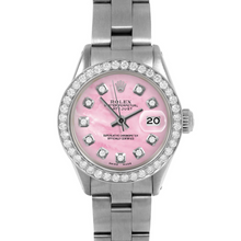 Afbeelding in Gallery-weergave laden, Dames Datejust Rolex 26 mm roze parelmoer diamant wijzerplaat roestvrij staal Oyster armband horloge
