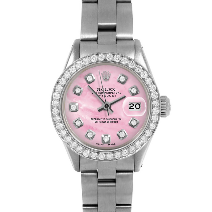 Dames Datejust Rolex 26 mm roze parelmoer diamant wijzerplaat roestvrij staal Oyster armband horloge