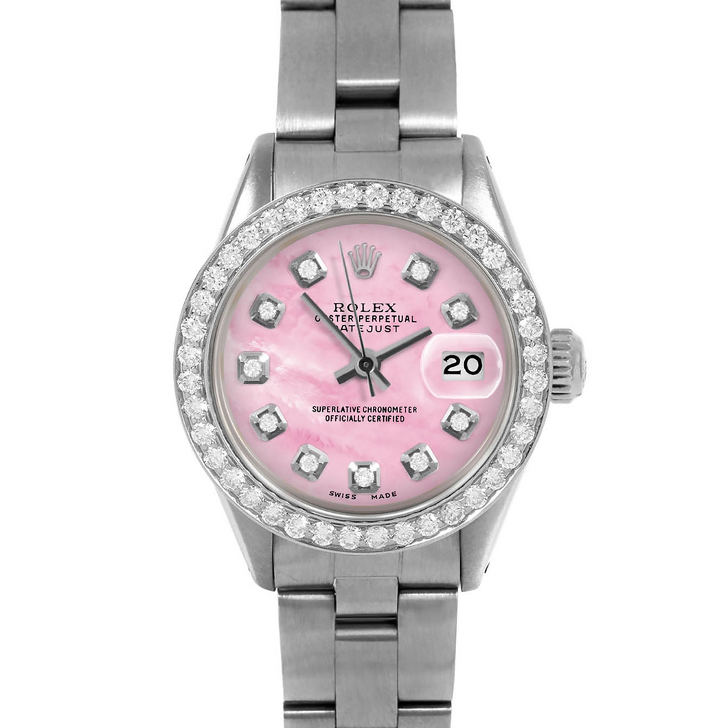 Dames Datejust Rolex 26 mm roze parelmoer diamant wijzerplaat roestvrij staal Oyster armband horloge