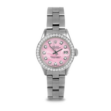 Afbeelding in Gallery-weergave laden, Dames Datejust Rolex 26 mm roze parelmoer diamant wijzerplaat roestvrij staal Oyster armband horloge
