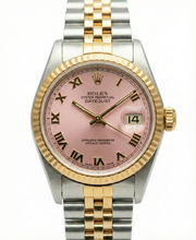 Afbeelding in Gallery-weergave laden, Dames Datumjust Rolex-horloge roestvrij staal en gouden armband Roze Romeinse wijzerplaat
