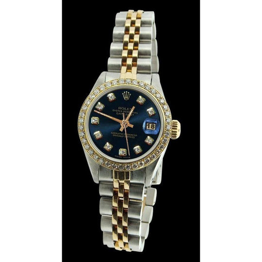 Dames Datumjust roestvrij staal & Goud Blauwe Diamant Wijzerplaat lunette Rolex Horloge
