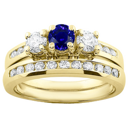 Dames Geel Goud Diamant Saffier Verloving Ring Set