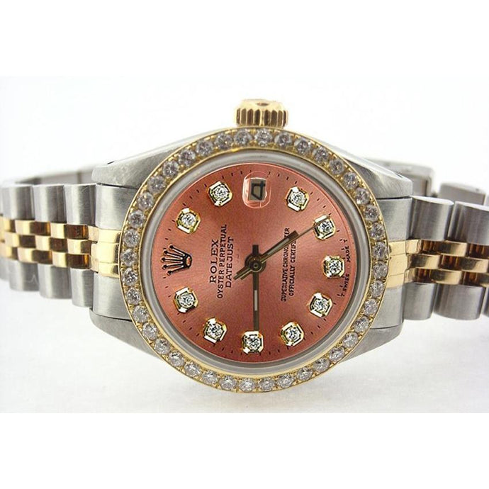 Dames Rolex Date-Just horloge Diamanten zalmkleurige wijzerplaat lunette