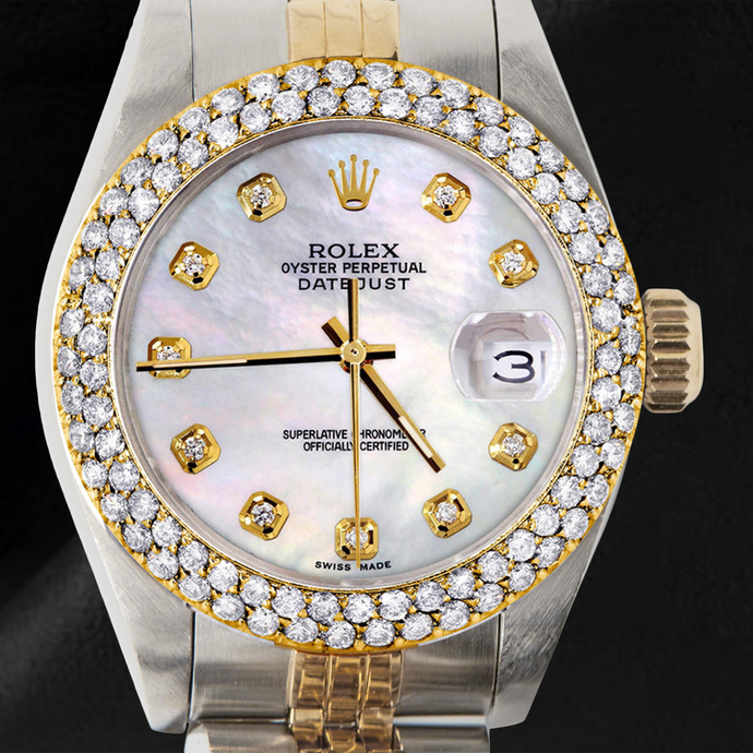 Dames Rolex Datejust 26 mm parelmoer wijzerplaat dubbele rij diamanten lunette