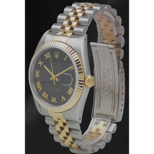 Afbeelding in Gallery-weergave laden, Dames Rolex Datejust 31mm Tweekleurig Horloge met Zwarte Romeinse Wijzerplaat
