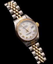 Afbeelding in Gallery-weergave laden, Dames Rolex Datumjust horloge Oester massief goud en roestvrij staal

