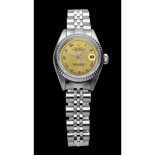 Dames Rolex horloge Datumjust wijzerplaat roestvrij staal Jubileum armband gecanneleerde lunette
