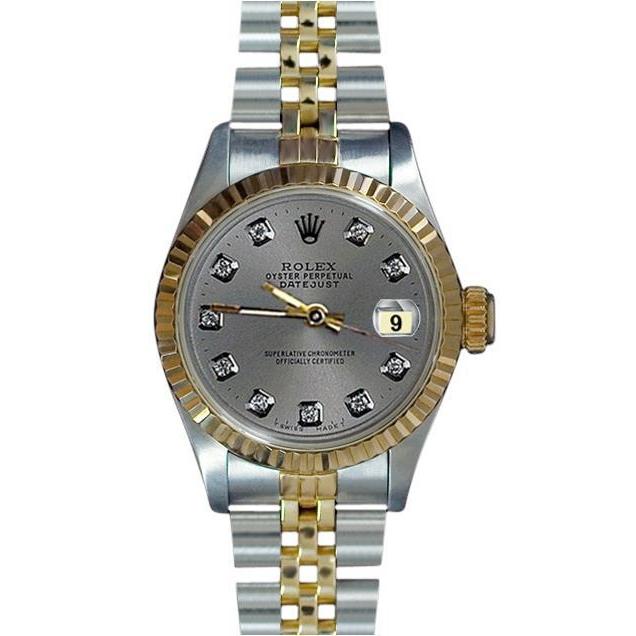 Dames grijze diamanten wijzerplaat Datumjust rand Rolex dameshorloge tweekleurig
