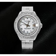 Afbeelding in Gallery-weergave laden, Damesdatumhorloge met witte diamanten wijzerplaatring roestvrij staal Oester


