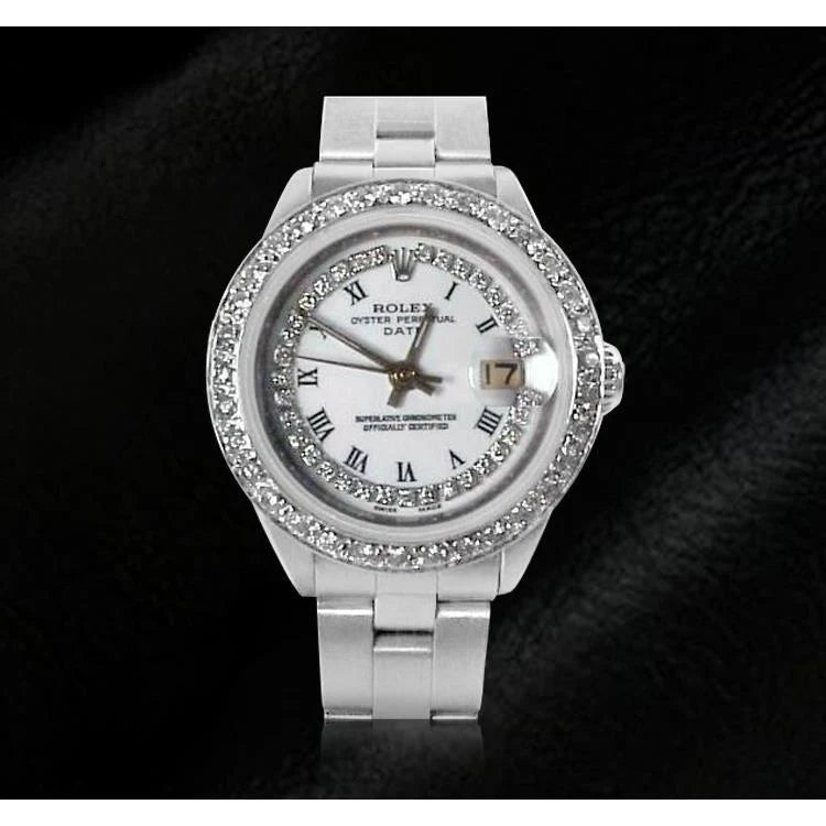 Damesdatumhorloge met witte diamanten wijzerplaatring roestvrij staal Oester
