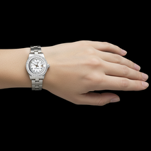Afbeelding in Gallery-weergave laden, Damesdatumhorloge met witte diamanten wijzerplaatring roestvrij staal Oester P1
