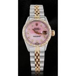 Dameshorloge met roze dweil diamanten wijzerplaat Rolex Datumjust tweekleurig