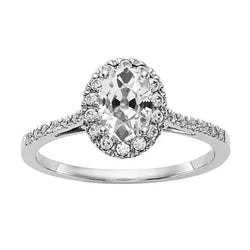 Dames Ring met Ovaal Oud Geslepen Natuurlijk uit de aarde gewonnen Diamant, Kathedraal Zetting en Halo