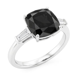 Driesteens Verlovingsring met donkere diamant, 3,6 karaat echte kussengeslepen zwarte diamant en baguette, 14K Witgoud