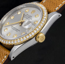 Afbeelding in Gallery-weergave laden, Datejust 16013 Rolex 36 mm Horloge met Zilveren Diamanten Wijzerplaat en Leren Band
