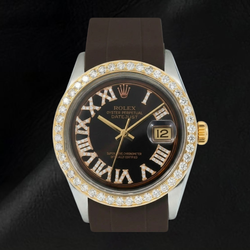 Rolex Datejust 1601 36 mm Chocoladebruine Romeinse Diamanten Wijzerplaat Rubberen Band Horloge