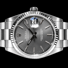Afbeelding in Gallery-weergave laden, Datejust Rolex 36mm Grijze Wijzerplaat met Streepindexen Roestvrij Staal Horloge Oyster-armband
