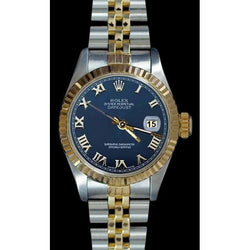 Datejust dameshorloge met tweekleurige gecanneleerde bezel en blauwe Romeinse wijzerplaat Rolex