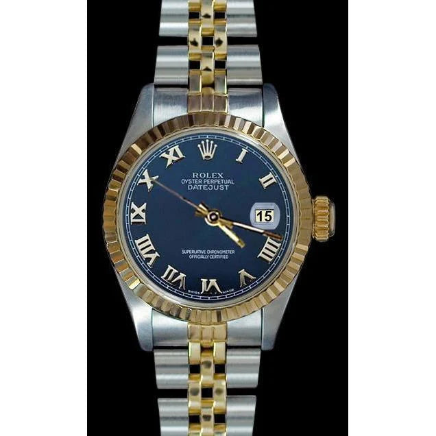 Datejust dameshorloge met tweekleurige gecanneleerde bezel en blauwe Romeinse wijzerplaat Rolex
