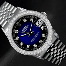 Afbeelding in Gallery-weergave laden, Datumjust horloge Aangepaste blauwe Natuurlijke echte diamant ( niet in het laboratorium gekweekt )en wijzerplaat rand Rolex jubileumarmband Roestvrij staal snel ingesteld
