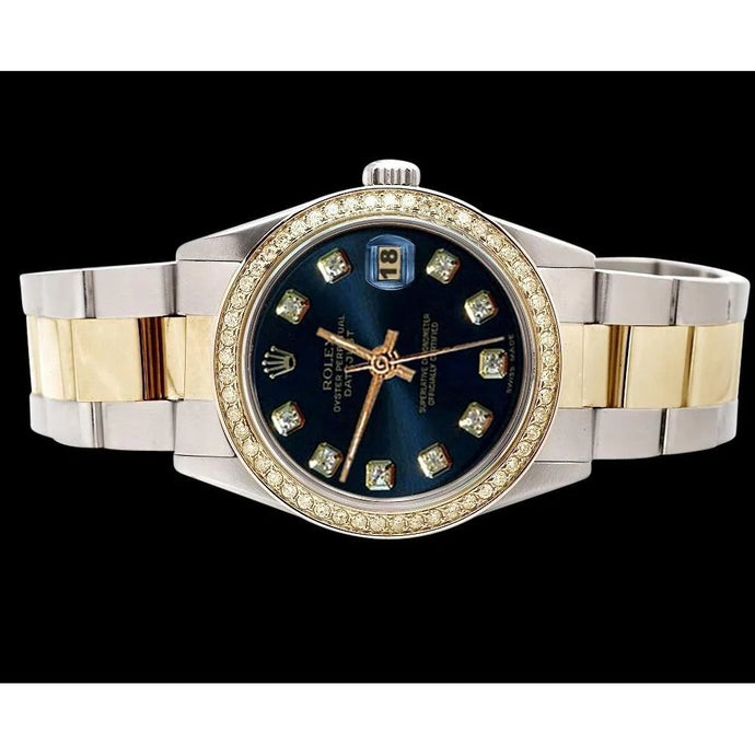 Datumjust-horloge met eeuwigdurende blauwe diamanten wijzerplaat rand van roestvrij staal en goud Rolex SNELLE INSTELLING
