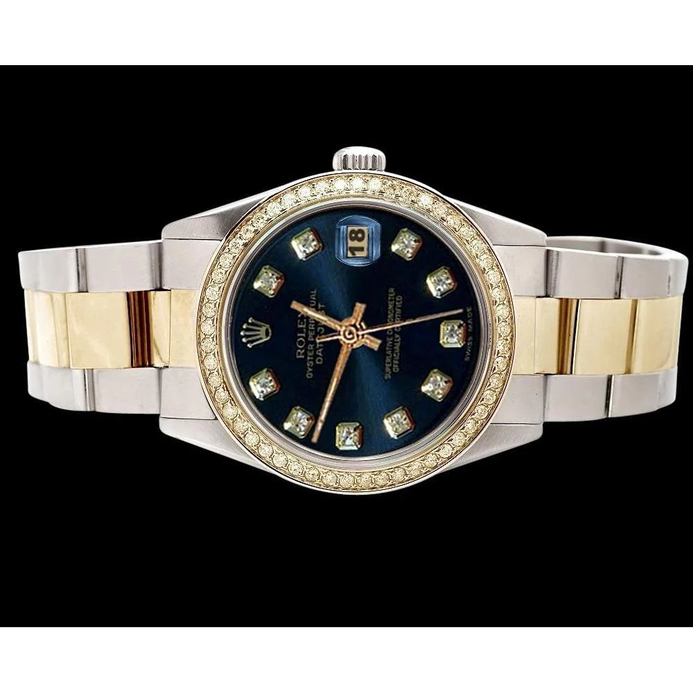 Datumjust-horloge met eeuwigdurende blauwe diamanten wijzerplaat rand van roestvrij staal en goud Rolex SNELLE INSTELLING
