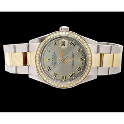 Datumjust-horloge met grijze Romeinse wijzerplaat Rolex snel ingesteld & gouden diamanten rand snel ingesteld