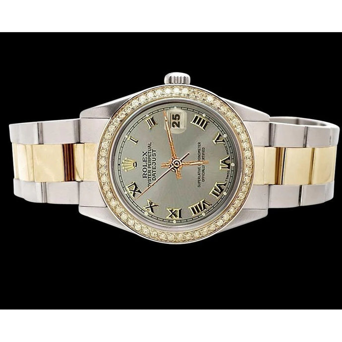 Datumjust-horloge met grijze Romeinse wijzerplaat Rolex snel ingesteld & gouden diamanten rand snel ingesteld
