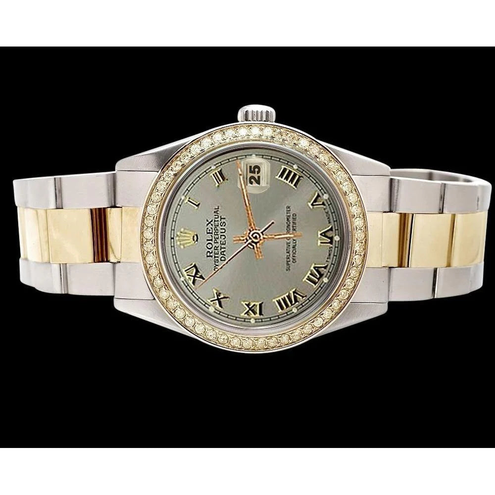 Datumjust-horloge met grijze Romeinse wijzerplaat Rolex snel ingesteld & gouden diamanten rand snel ingesteld

