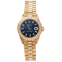 Afbeelding in Gallery-weergave laden, Rolex Horloge in Presidentiële Stijl met Blauwe Wijzerplaat met Streepindexen en Diamanten Lunette
