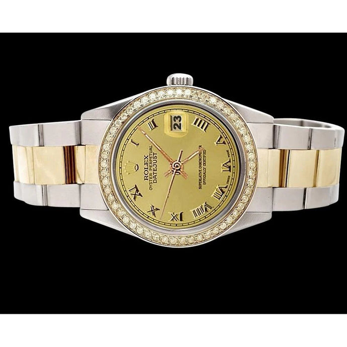 Datumjust Champagne Romeinse wijzerplaat horloge roestvrij staal & gouden Rolex armband snel ingesteld
