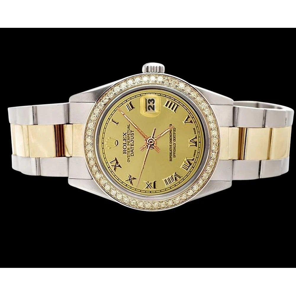 Datumjust Champagne Romeinse wijzerplaat horloge roestvrij staal & gouden Rolex armband snel ingesteld
