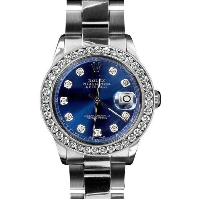 Datumjust Rolex-horloge met blauwe diamanten wijzerplaat, Oester-armband, roestvrij staal, snel ingesteld
