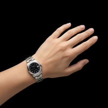 Afbeelding in Gallery-weergave laden, Datumjust Rolex-horloge met zwarte wijzerplaat, roestvrijstalen armband, middelgroot P4
