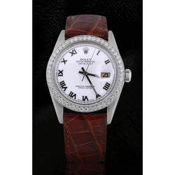 Datumjust Rolex Romeinse wijzerplaat met diamanten bezelhorloge Bruine leren band Roestvrij staal snel ingesteld