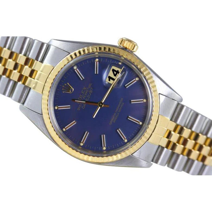 Datumjust Rolex blauwe Stok wijzerplaat rand herenhorloge tweekleurige armband
