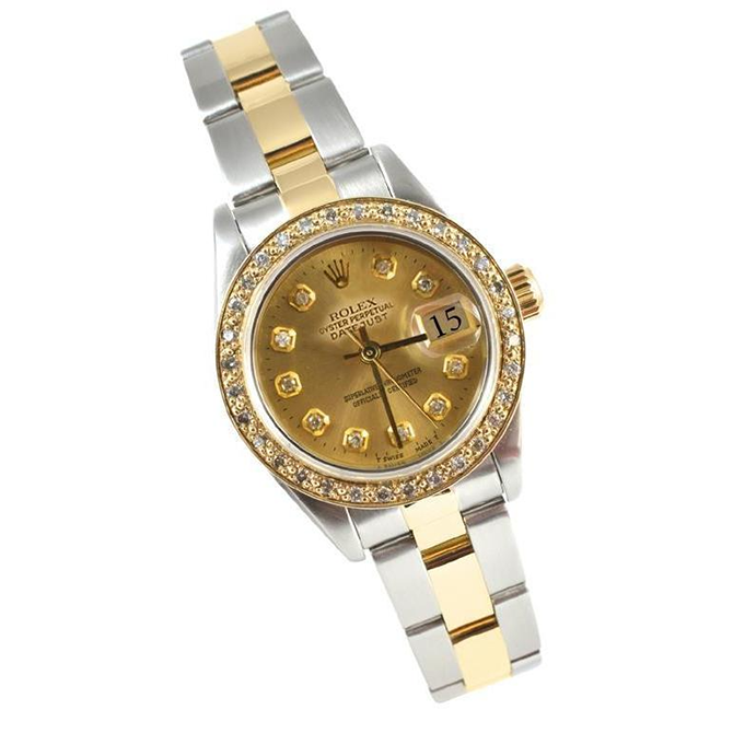 Datumjust Rolex dameshorloge met champagne diamanten wijzerplaat roestvrij staal en goud