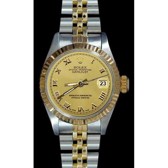 Datumjust Rolex dameshorloge roestvrij staal & gouden jubileum Champagne Romeinse wijzerplaat
